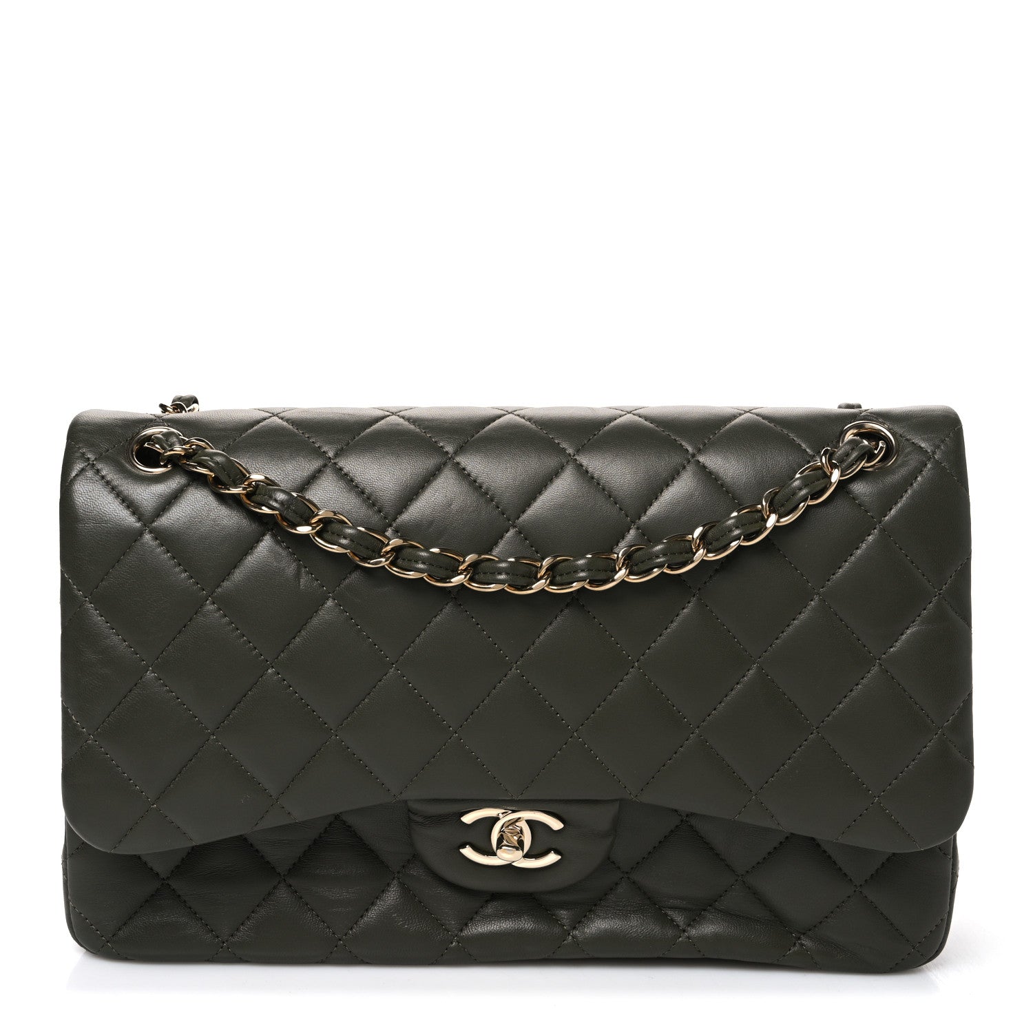 Lambskin Quilted Jumbo Double Flap Green