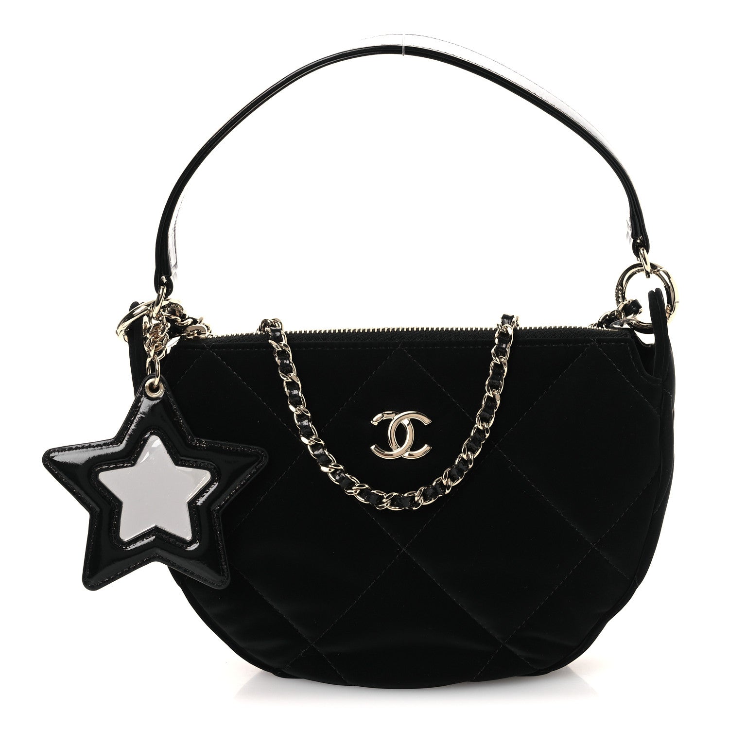 Velvet Effect Nylon Shiny Crumpled Calfskin Coco Neige Quilted Clutch With Chain Black — view 3
