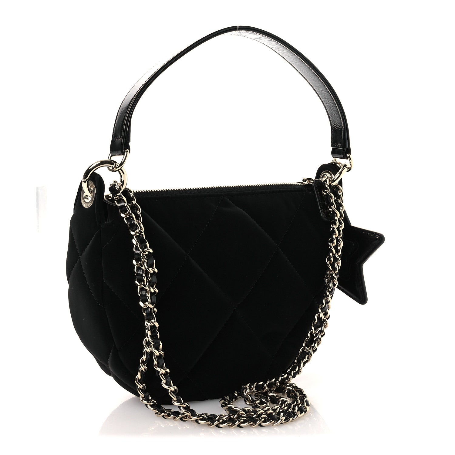 Velvet Effect Nylon Shiny Crumpled Calfskin Coco Neige Quilted Clutch With Chain Black — view 4