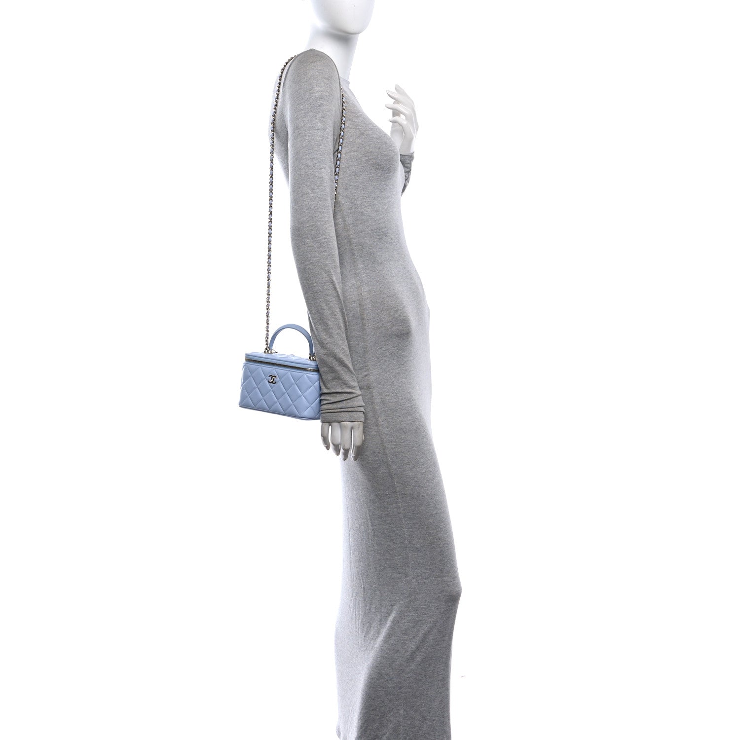 Lambskin Quilted Small Top Handle Vanity Case With Chain Light Blue — view 2