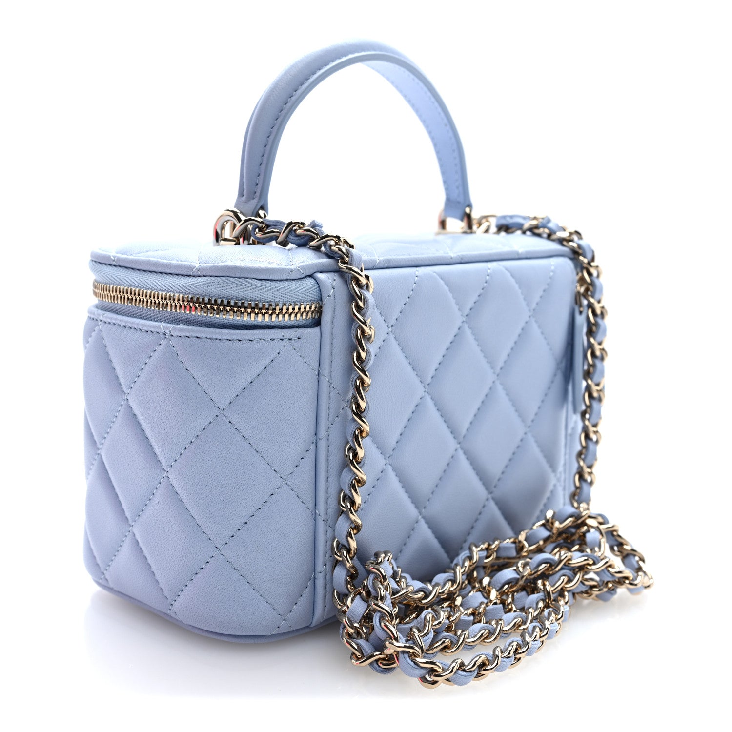 Lambskin Quilted Small Top Handle Vanity Case With Chain Light Blue — view 3