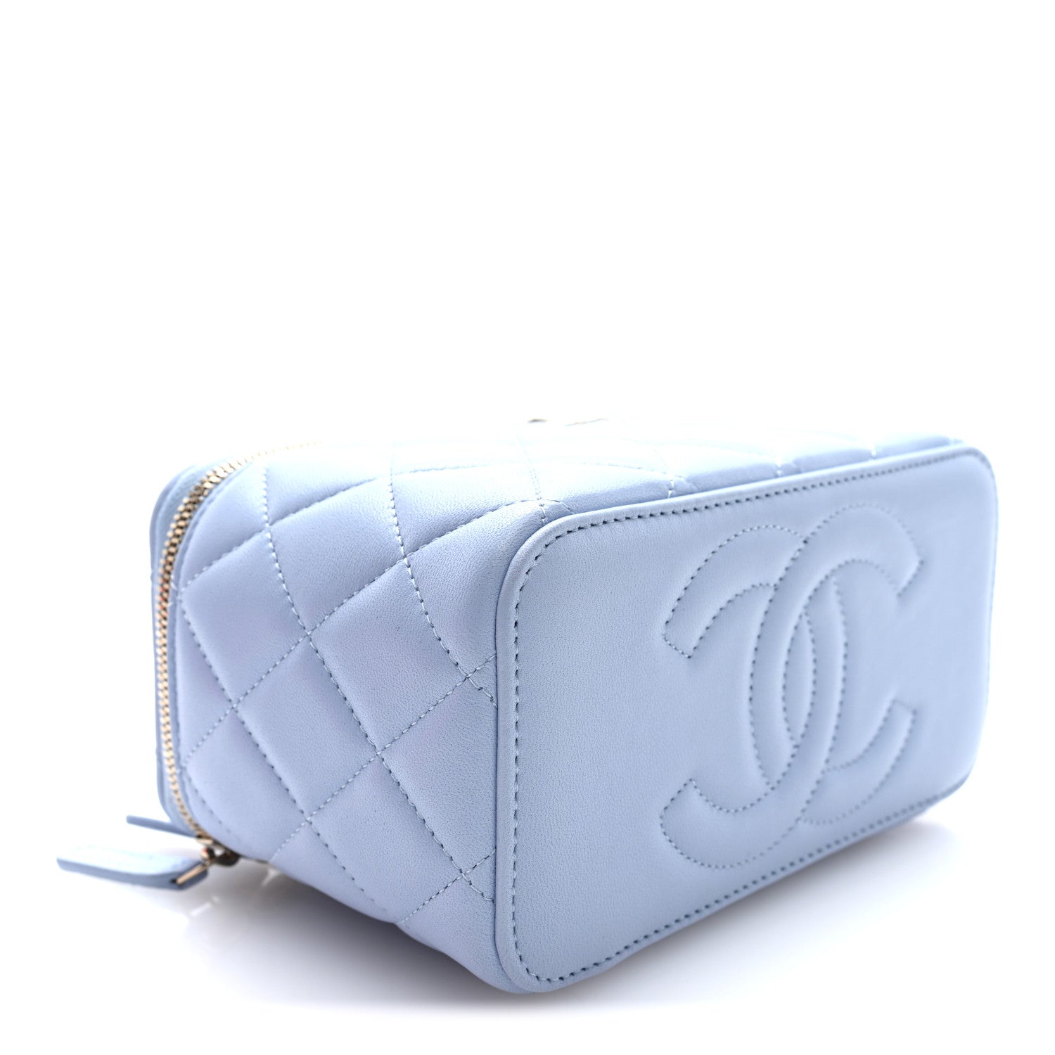 Lambskin Quilted Small Top Handle Vanity Case With Chain Light Blue — view 4