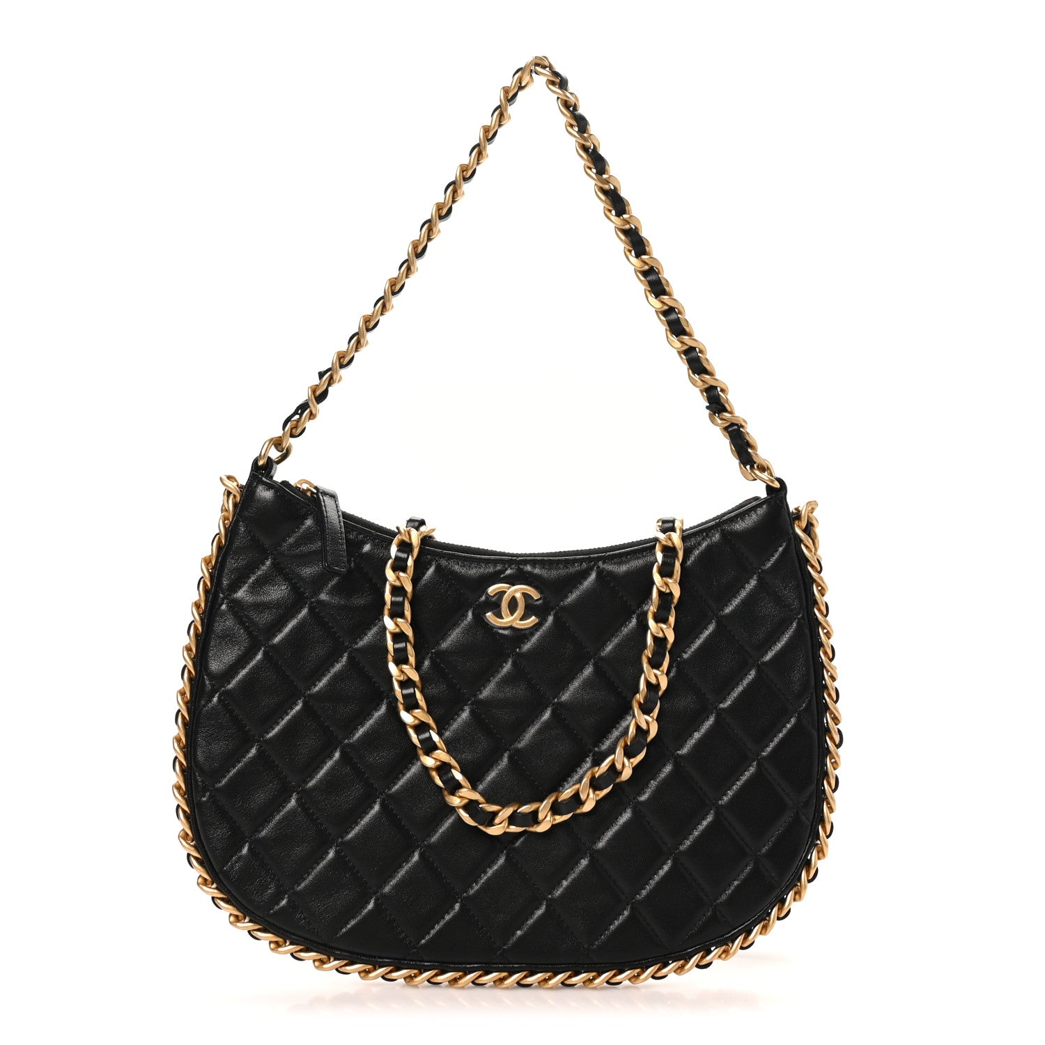 Shiny Crumpled Lambskin Quilted Large Trendy Chain Around Hobo Black