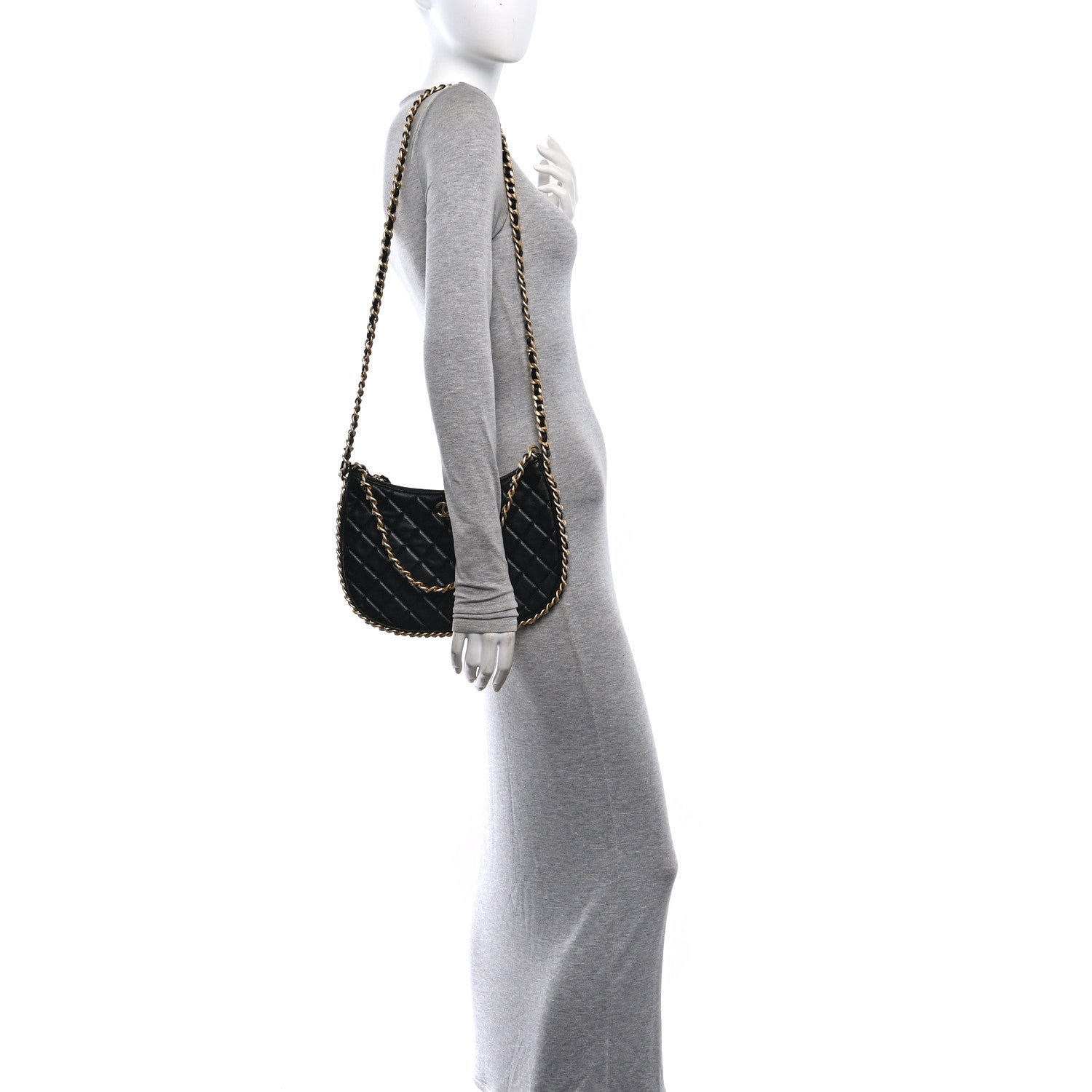 Shiny Crumpled Lambskin Quilted Large Trendy Chain Around Hobo Black — view 2
