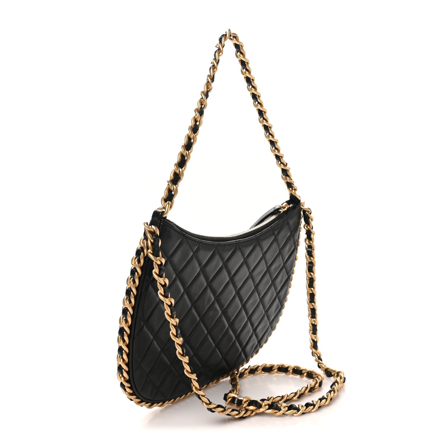 Shiny Crumpled Lambskin Quilted Large Trendy Chain Around Hobo Black — view 3