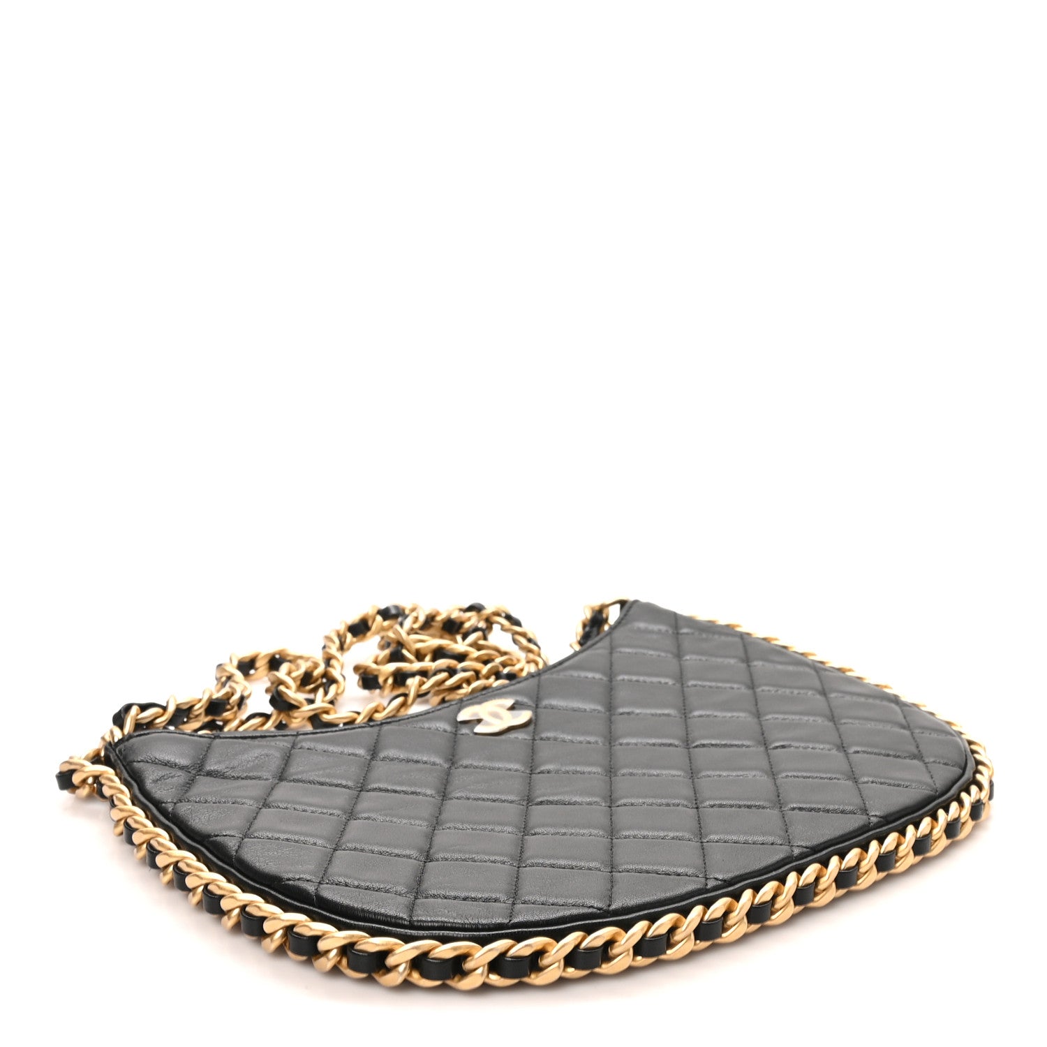 Shiny Crumpled Lambskin Quilted Large Trendy Chain Around Hobo Black — view 4