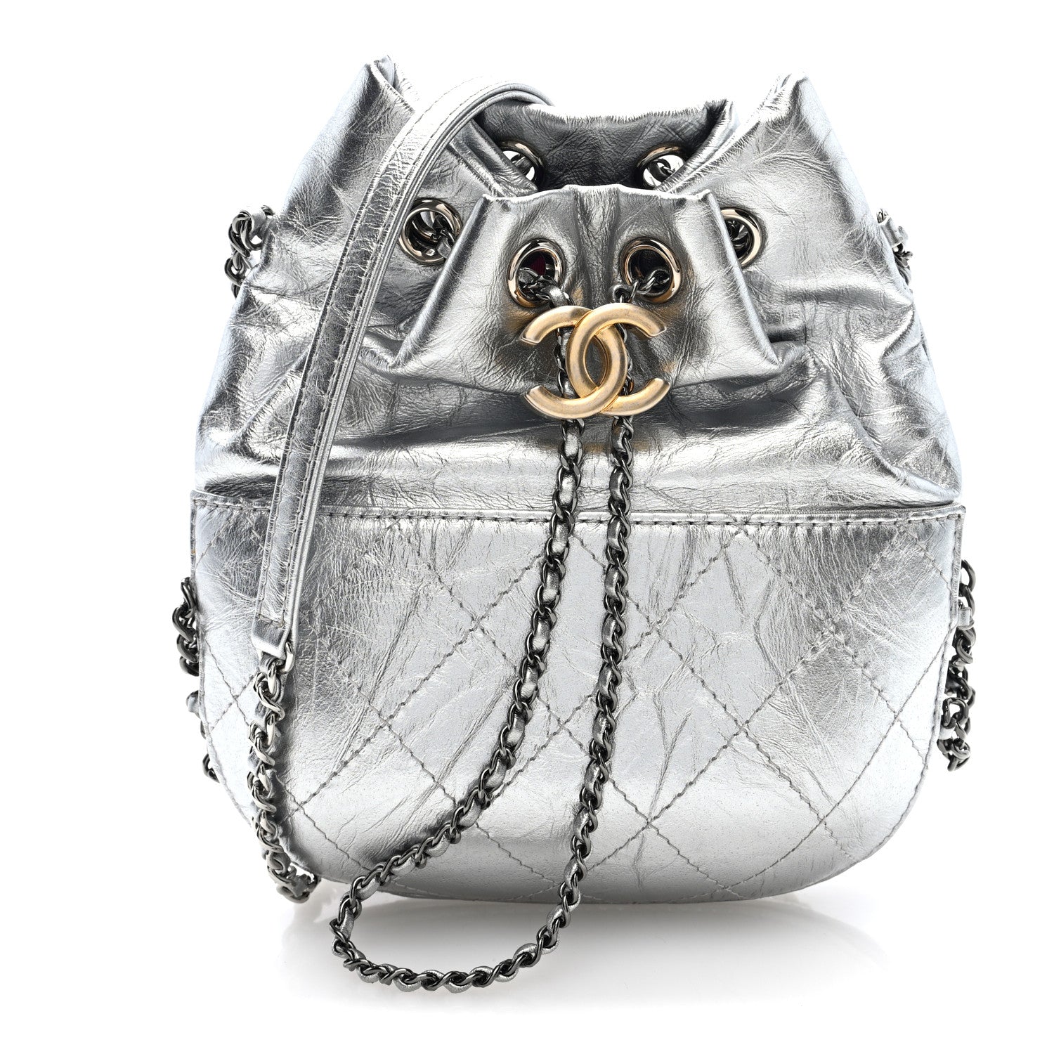Metallic Aged Calfskin Quilted Small Gabrielle Bucket Silver