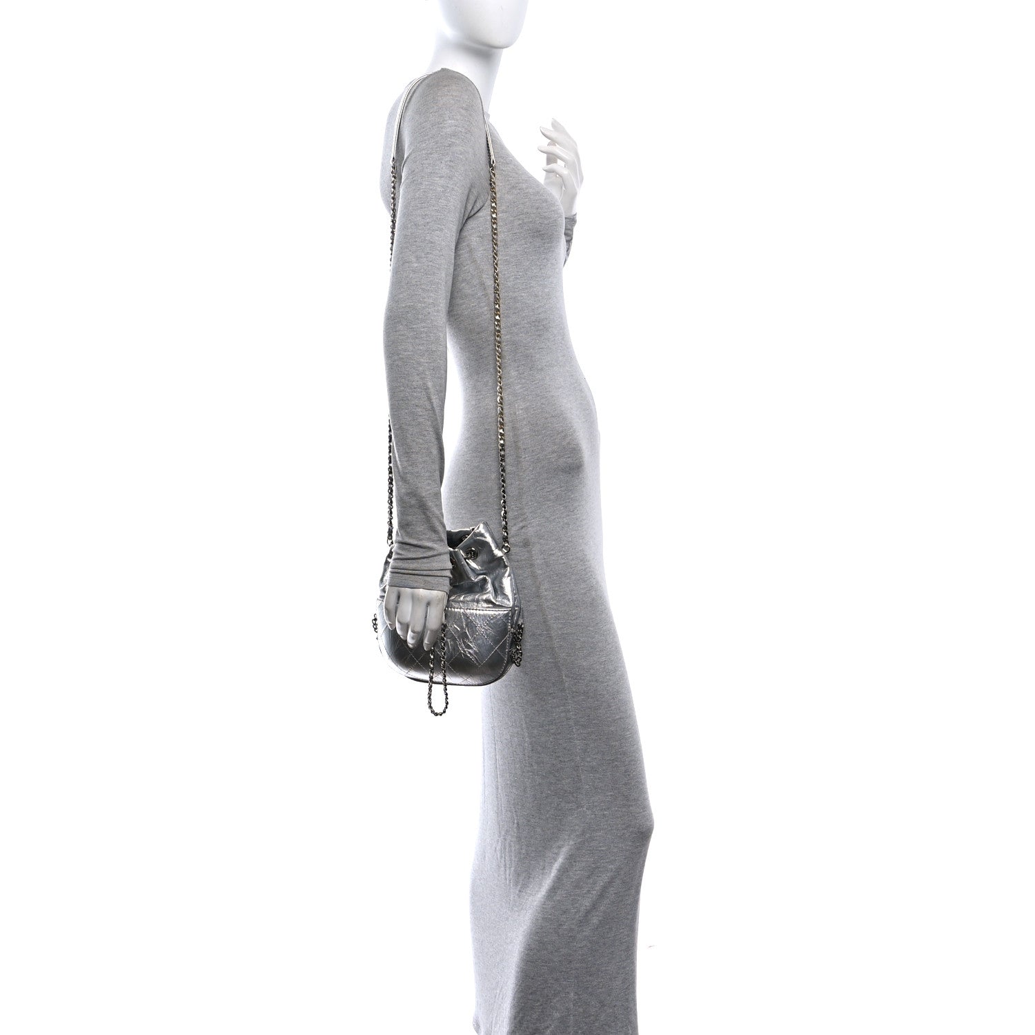 Metallic Aged Calfskin Quilted Small Gabrielle Bucket Silver — view 2