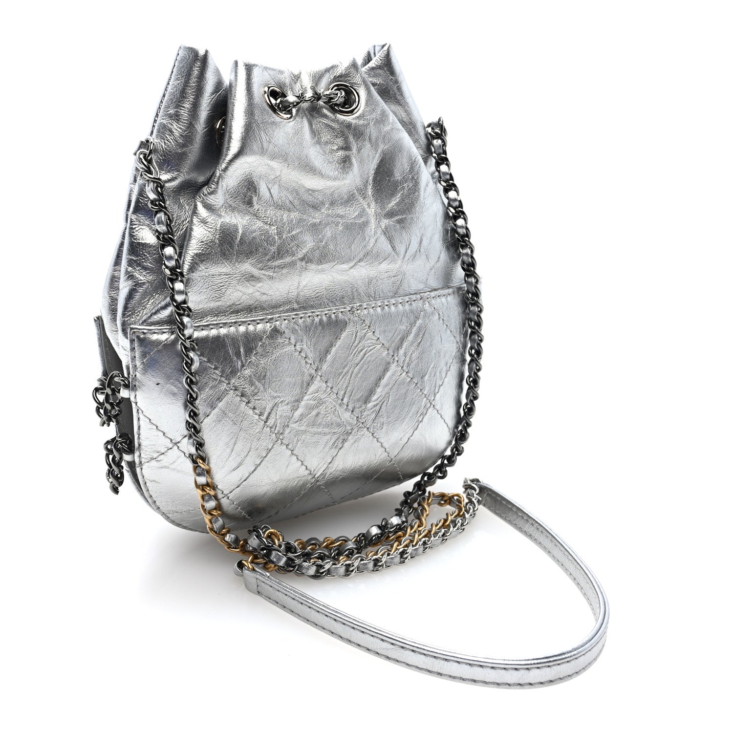 Metallic Aged Calfskin Quilted Small Gabrielle Bucket Silver — view 3