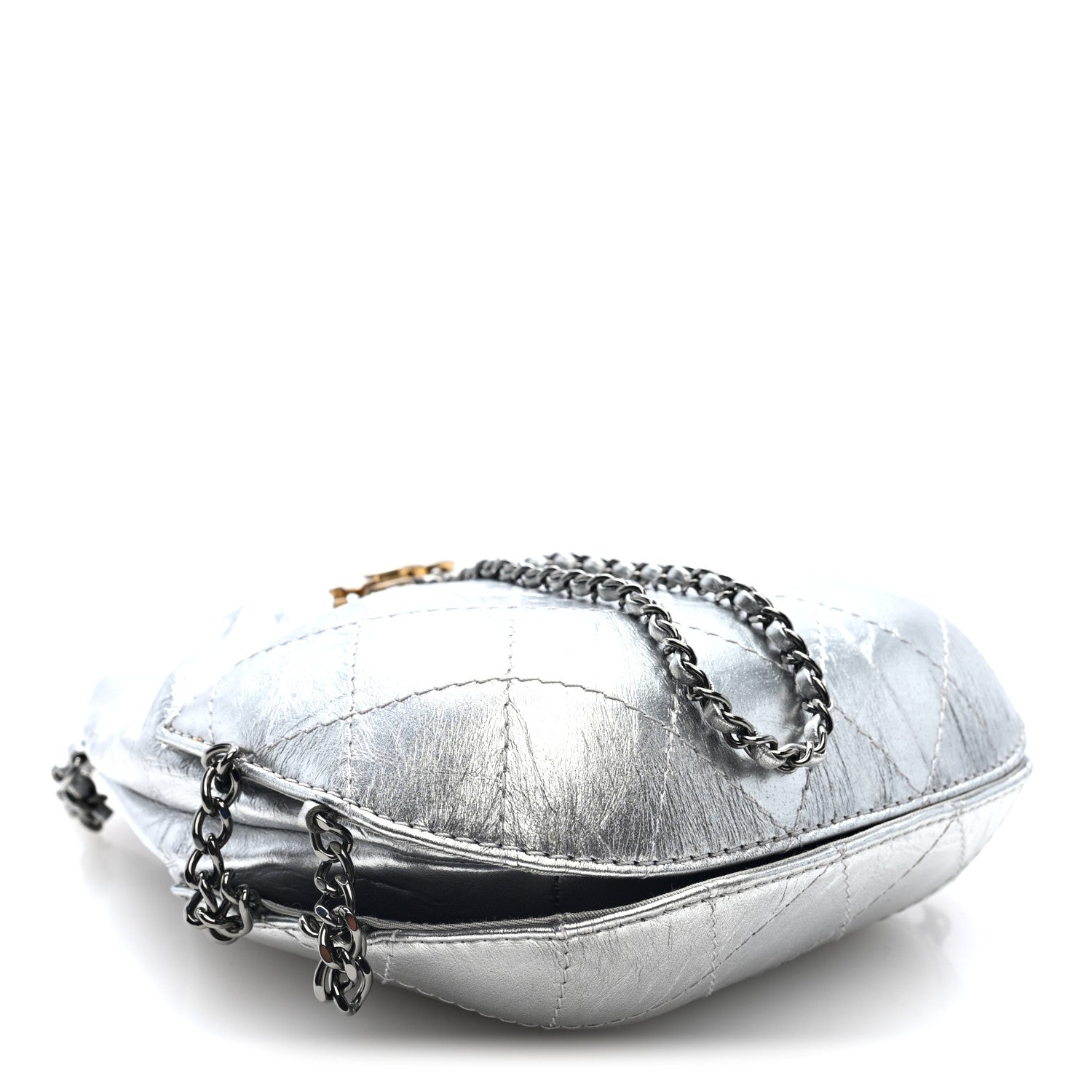Metallic Aged Calfskin Quilted Small Gabrielle Bucket Silver — view 4