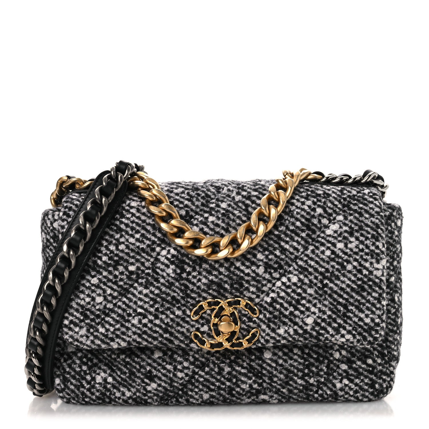 Tweed Quilted Medium Chanel 19 Flap Black White