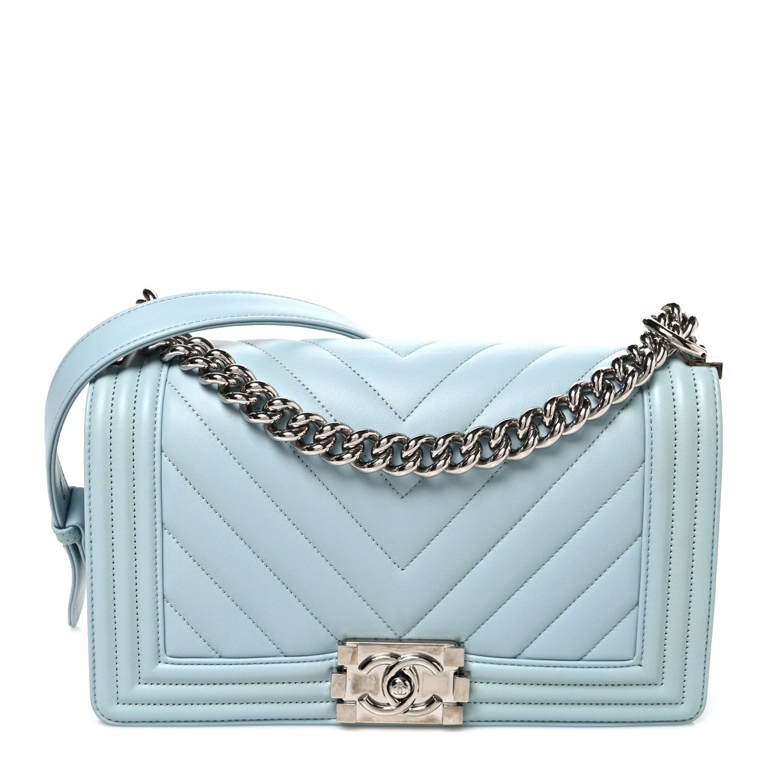 Lambskin Chevron Quilted Medium Boy Flap Light Blue