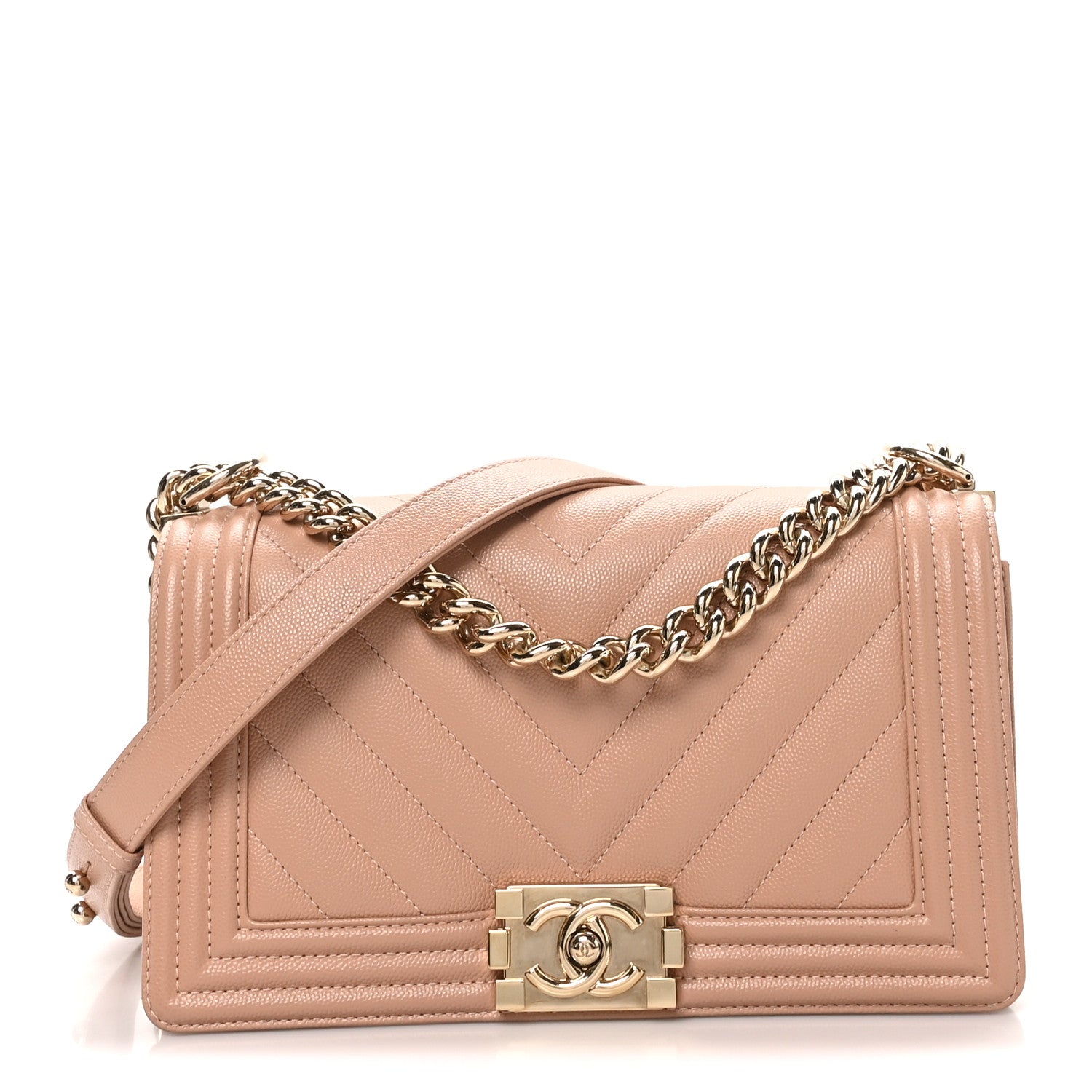 Caviar Chevron Quilted Medium Boy Flap Beige