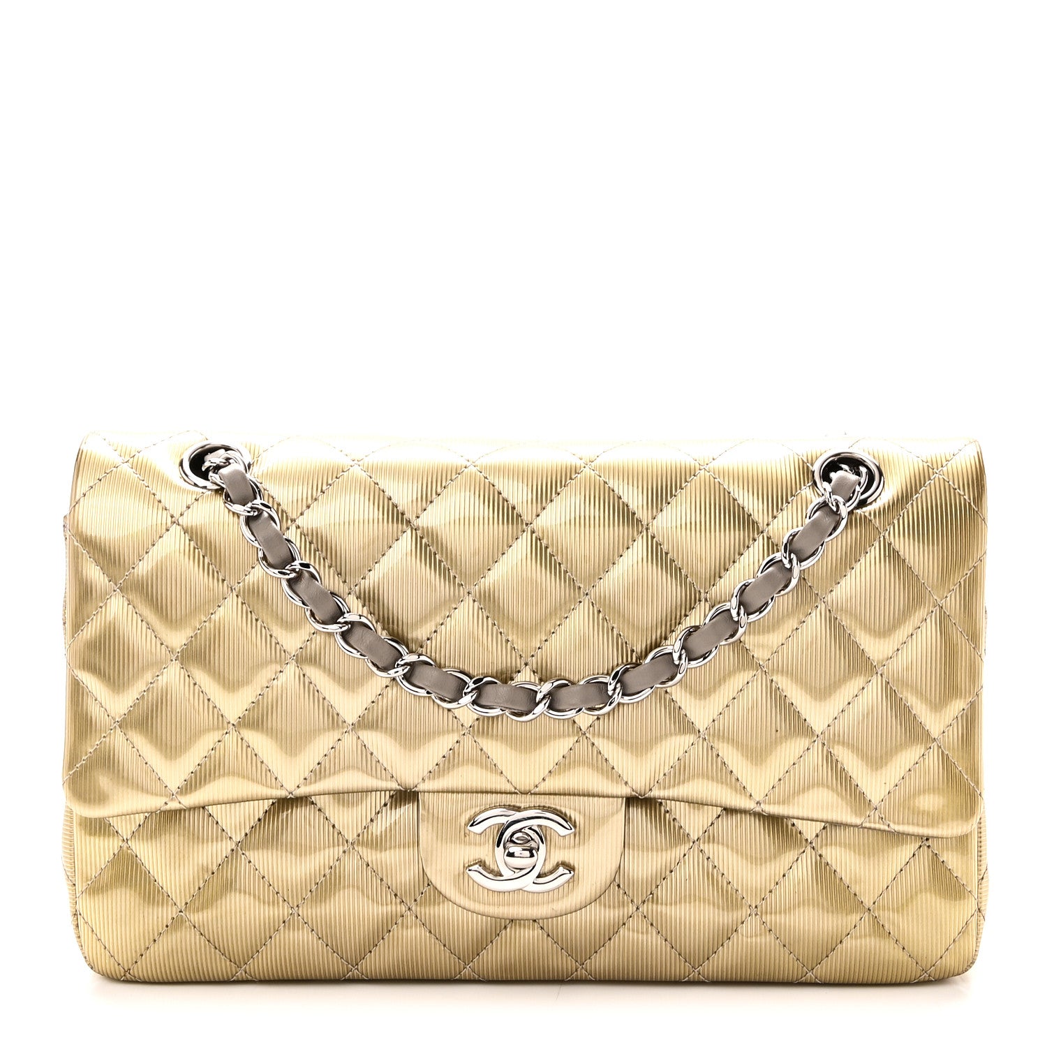 Striated Patent Quilted Medium Double Flap Gold