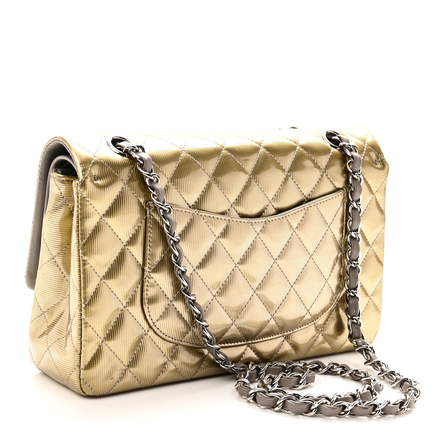 Striated Patent Quilted Medium Double Flap Gold — view 3
