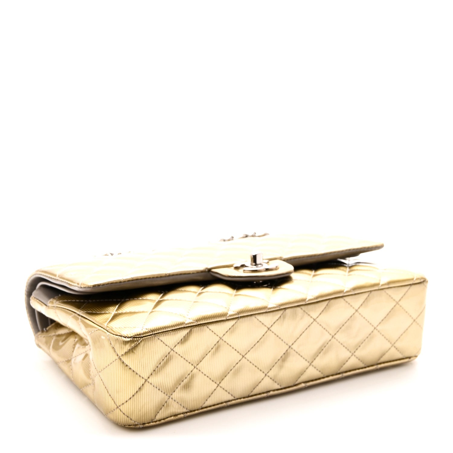 Striated Patent Quilted Medium Double Flap Gold — view 4