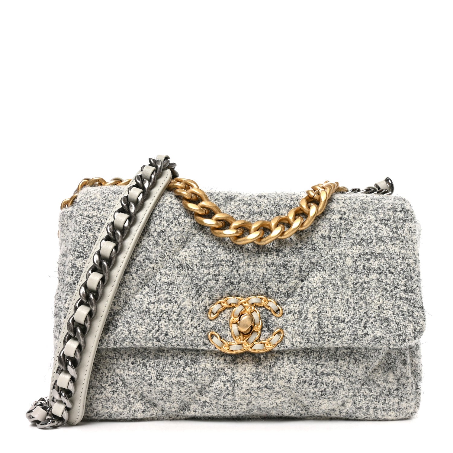 Tweed Quilted Medium Chanel 19 Flap Grey Ecru