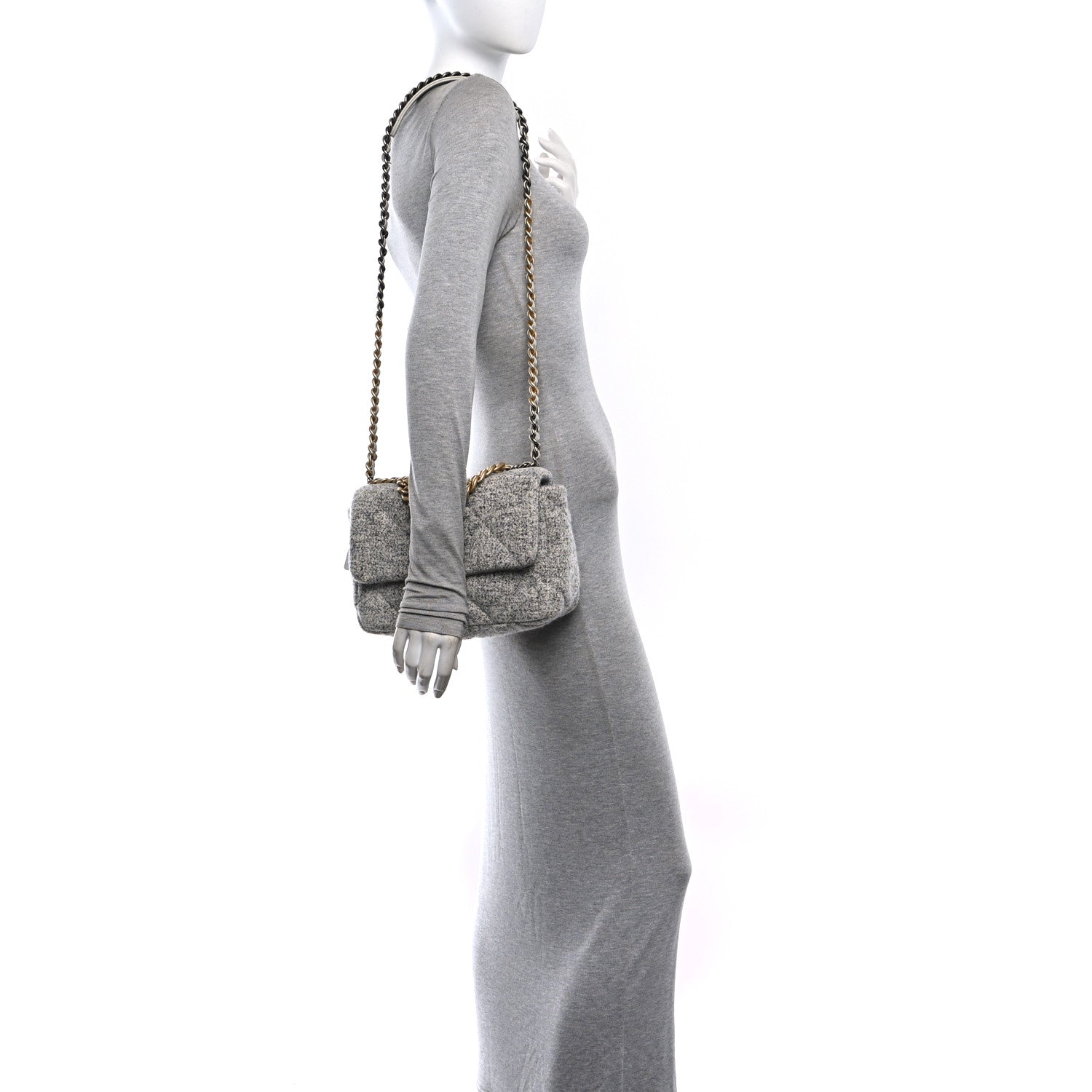 Tweed Quilted Medium Chanel 19 Flap Grey Ecru — view 2