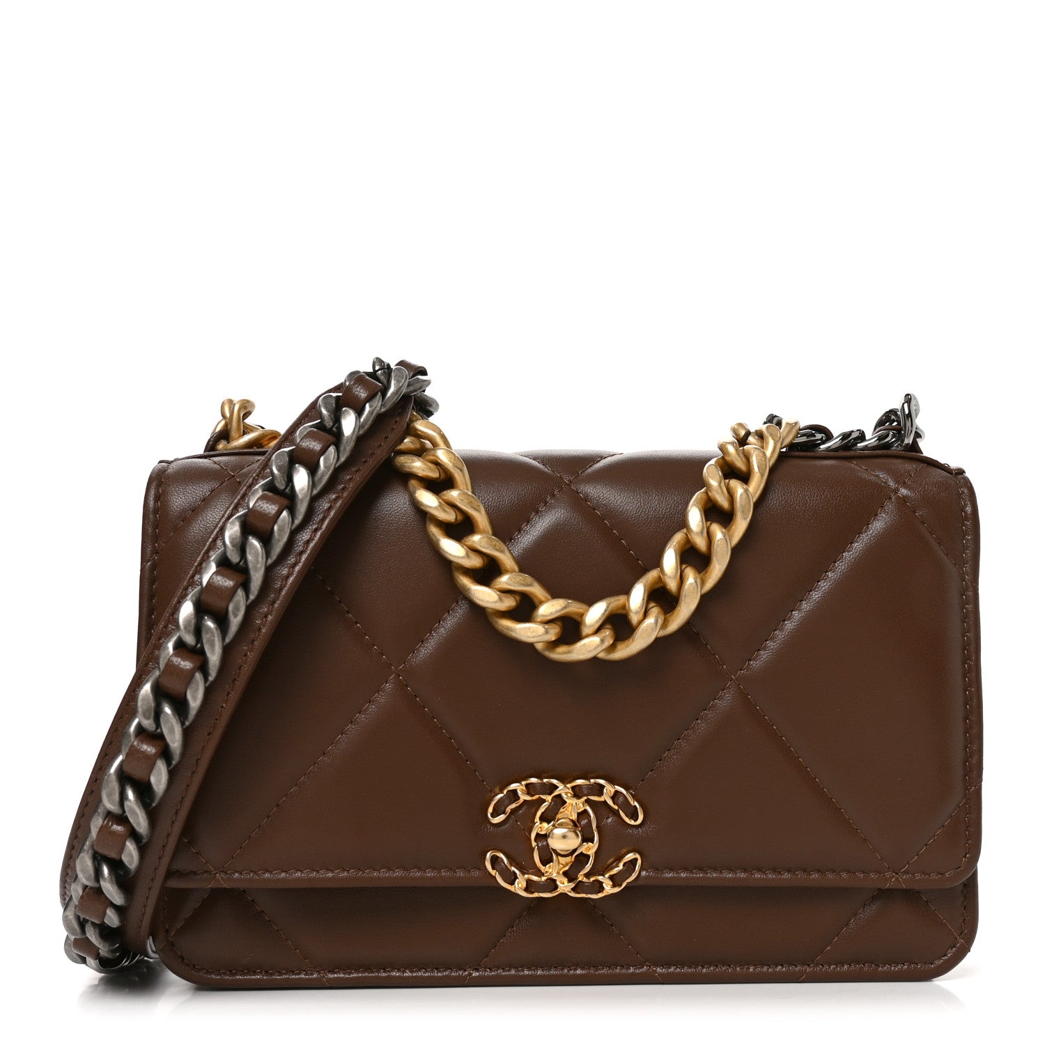 Lambskin Quilted Chanel 19 Wallet On Chain WOC Brown