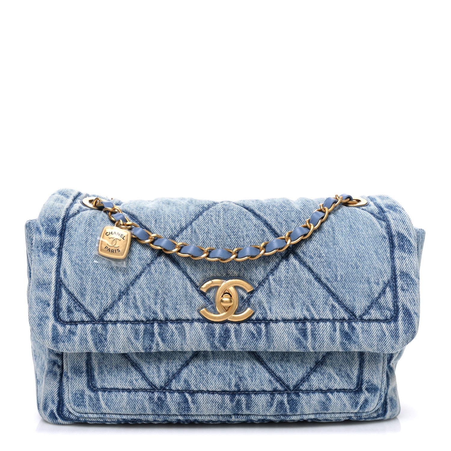 Washed Denim Quilted Large Flap Bag Blue