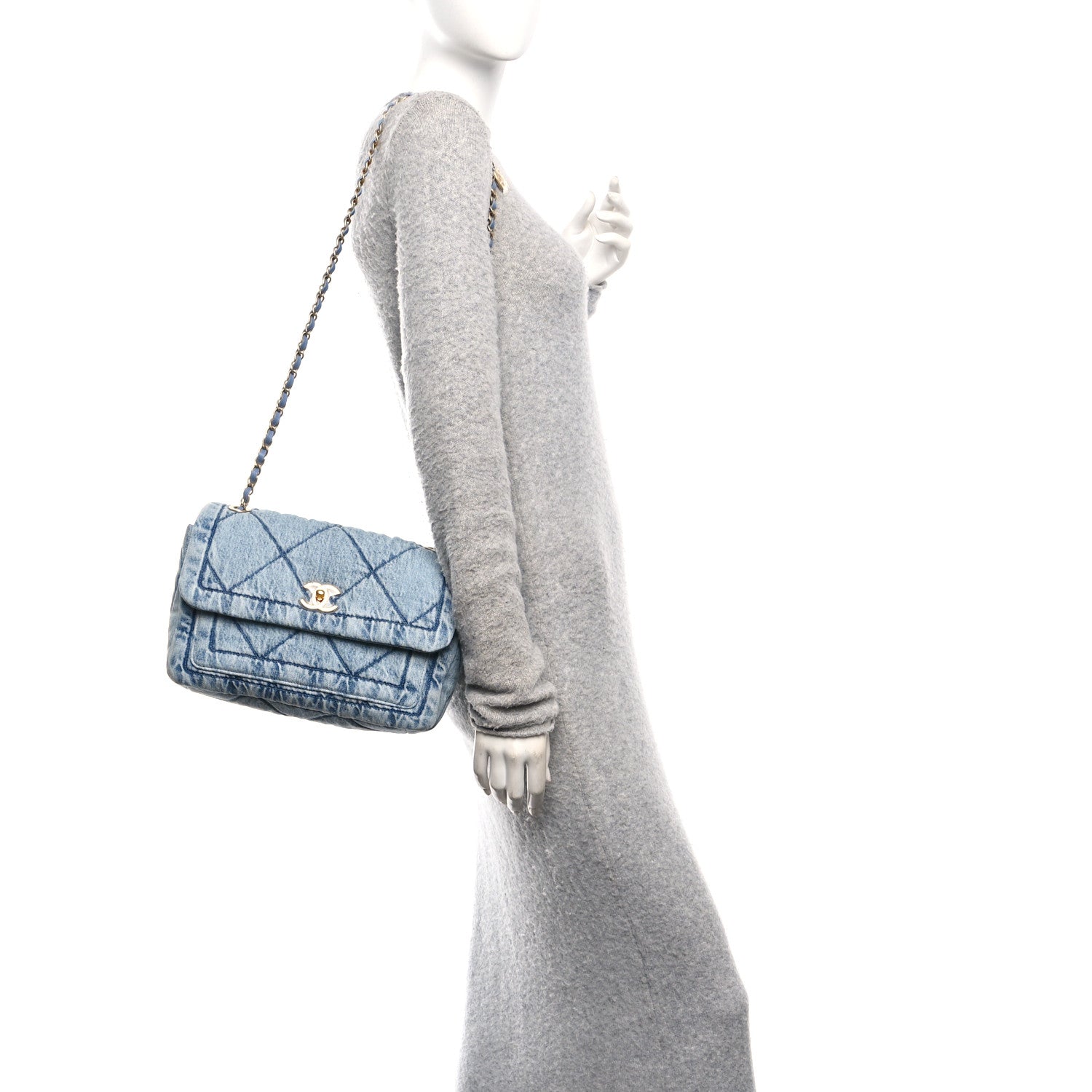 Washed Denim Quilted Large Flap Bag Blue — view 2
