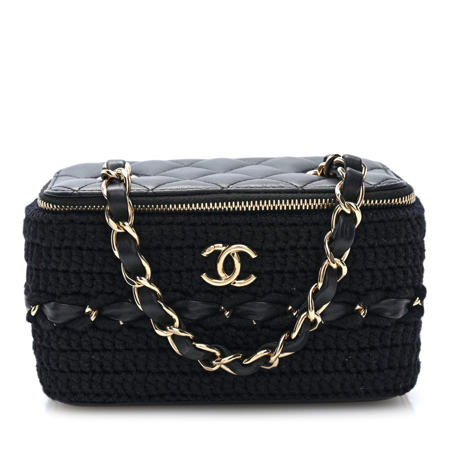 Lambskin Crochet Quilted Small Vanity Case With Chain Black