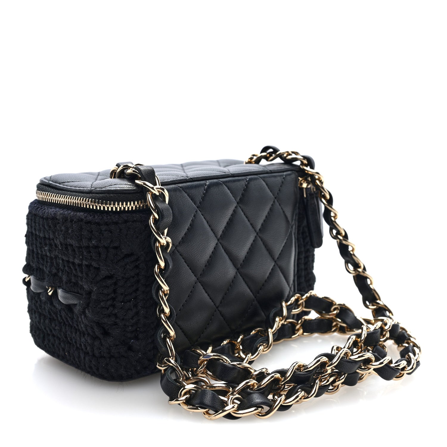 Lambskin Crochet Quilted Small Vanity Case With Chain Black — view 3