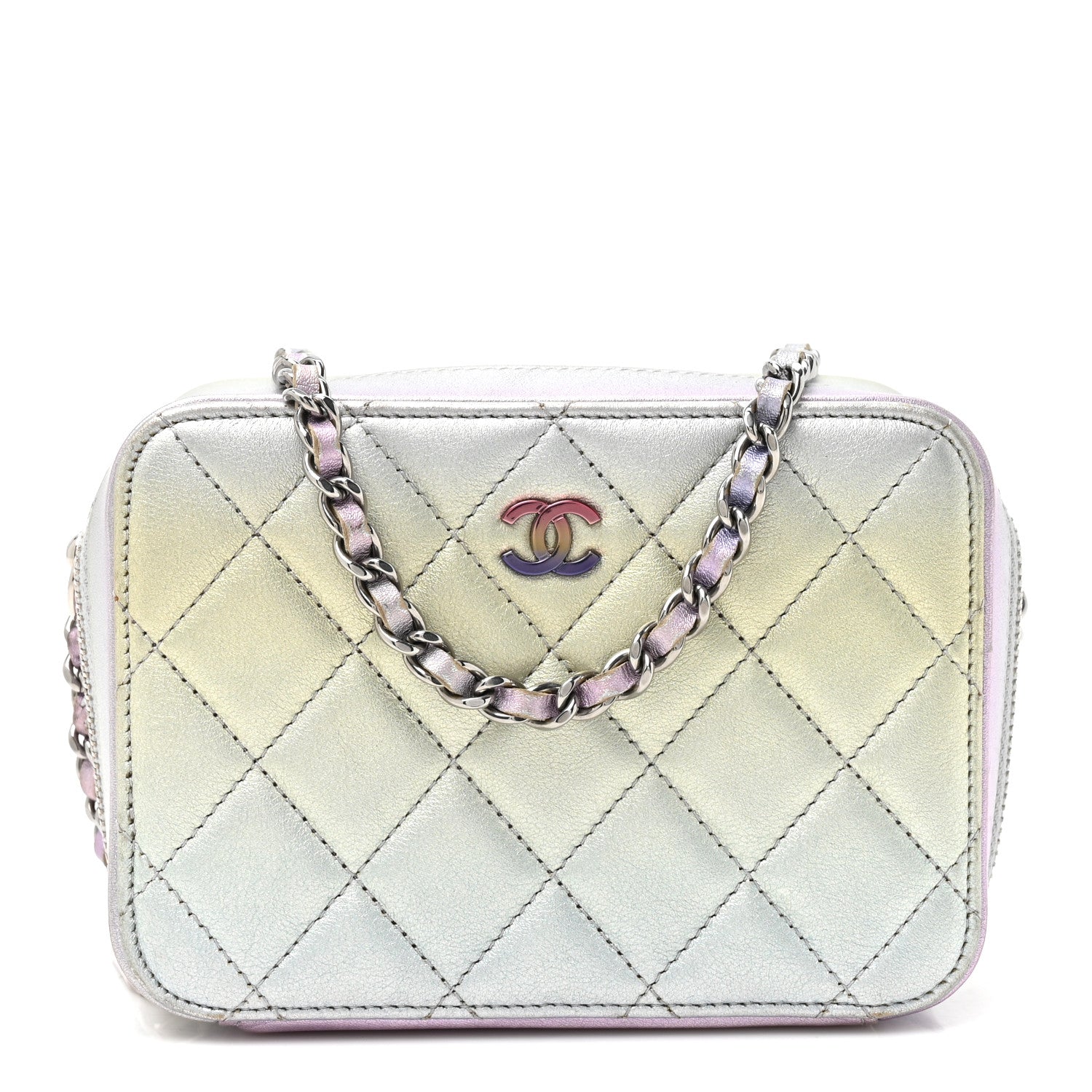 Gradient Metallic Calfskin Quilted Camera Bag Silver Blue Yellow Purple