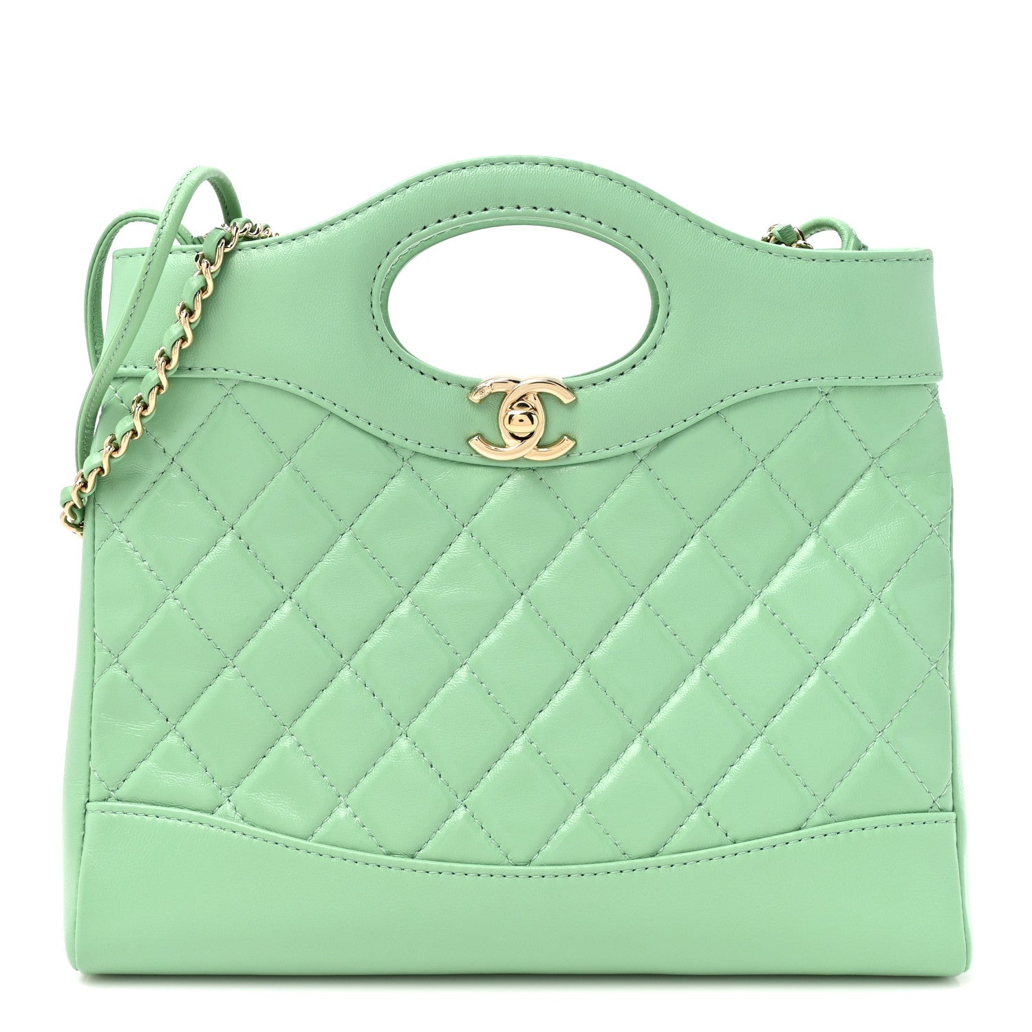 Shiny Lambskin Quilted Mini 31 Shopping Bag Light Green