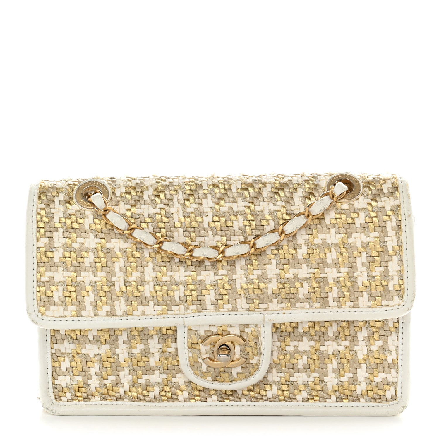 Metallic Lambskin Viscose Woven Flap Gold White