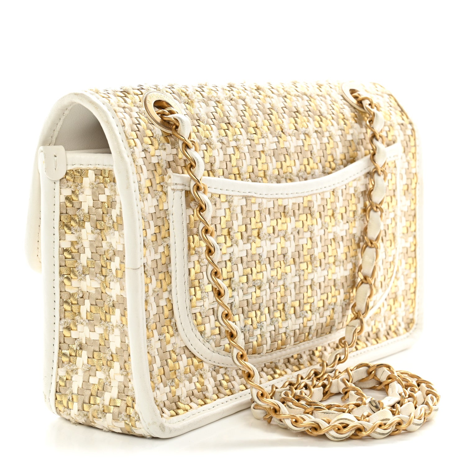 Metallic Lambskin Viscose Woven Flap Gold White — view 3