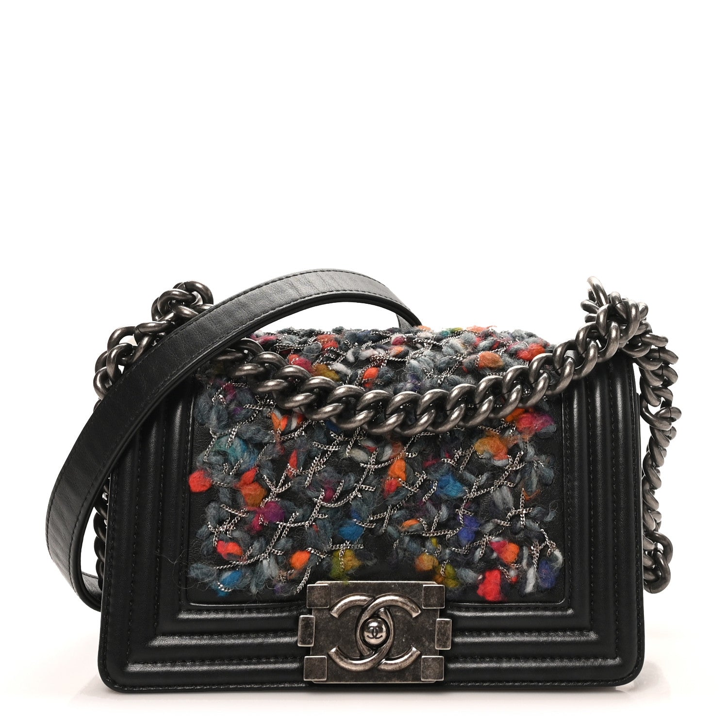 Calfskin Tweed Chain Small Boy Flap Black — view 1