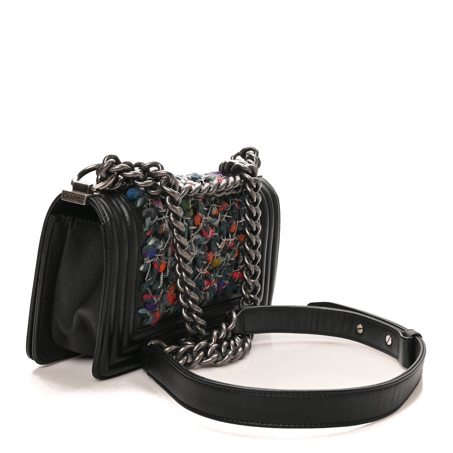 Calfskin Tweed Chain Small Boy Flap Black — view 3