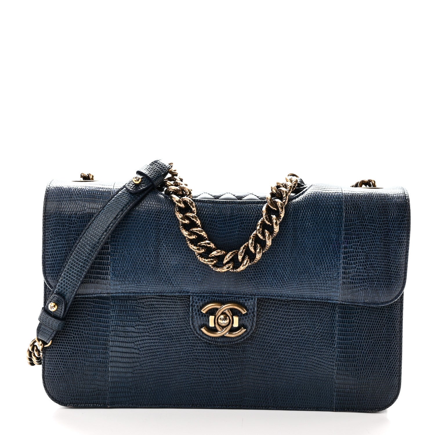 Lizard Lambskin Quilted Large Perfect Edge Flap Blue