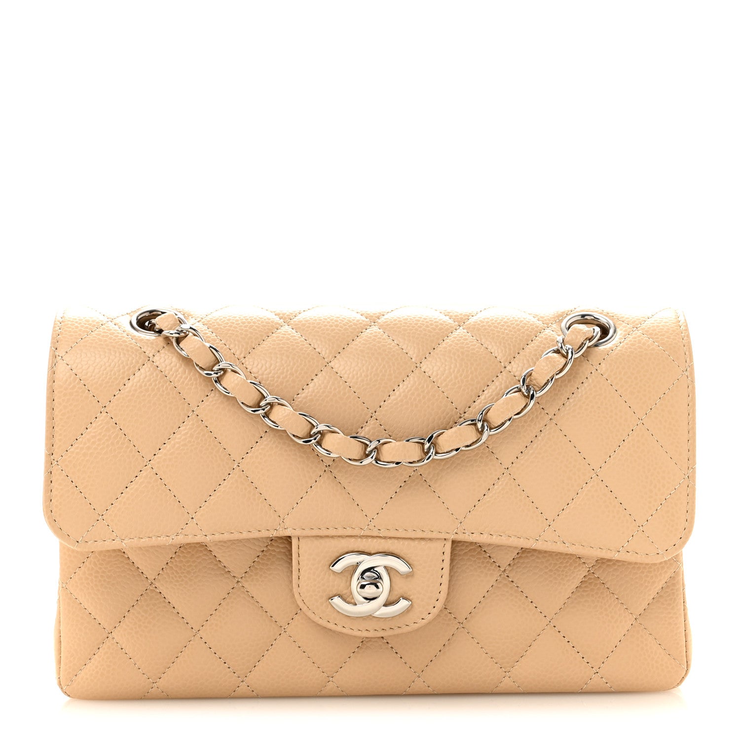 Caviar Quilted Small Double Flap Beige