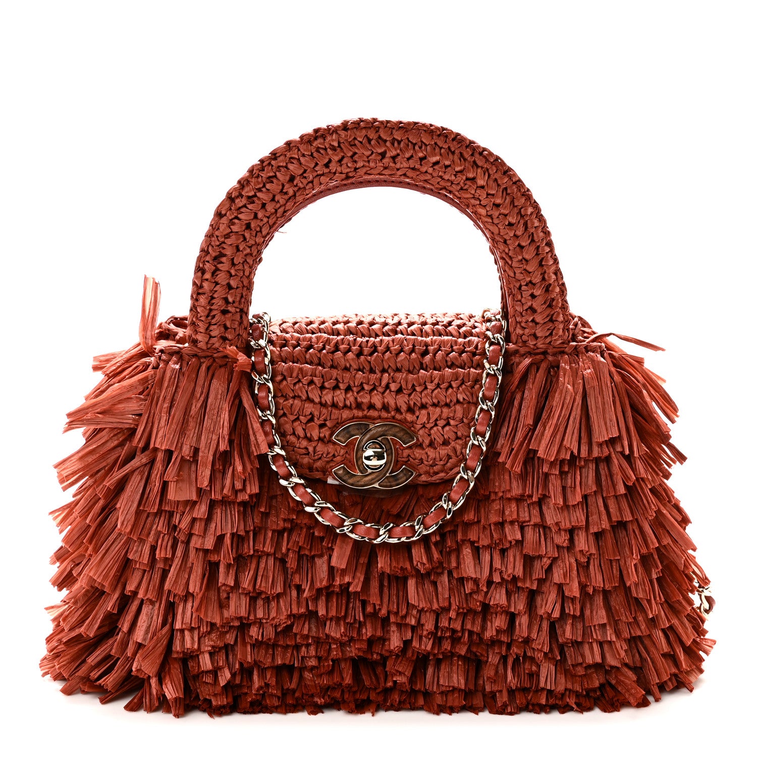 Raffia Fringe Nano Kelly Shopper Red