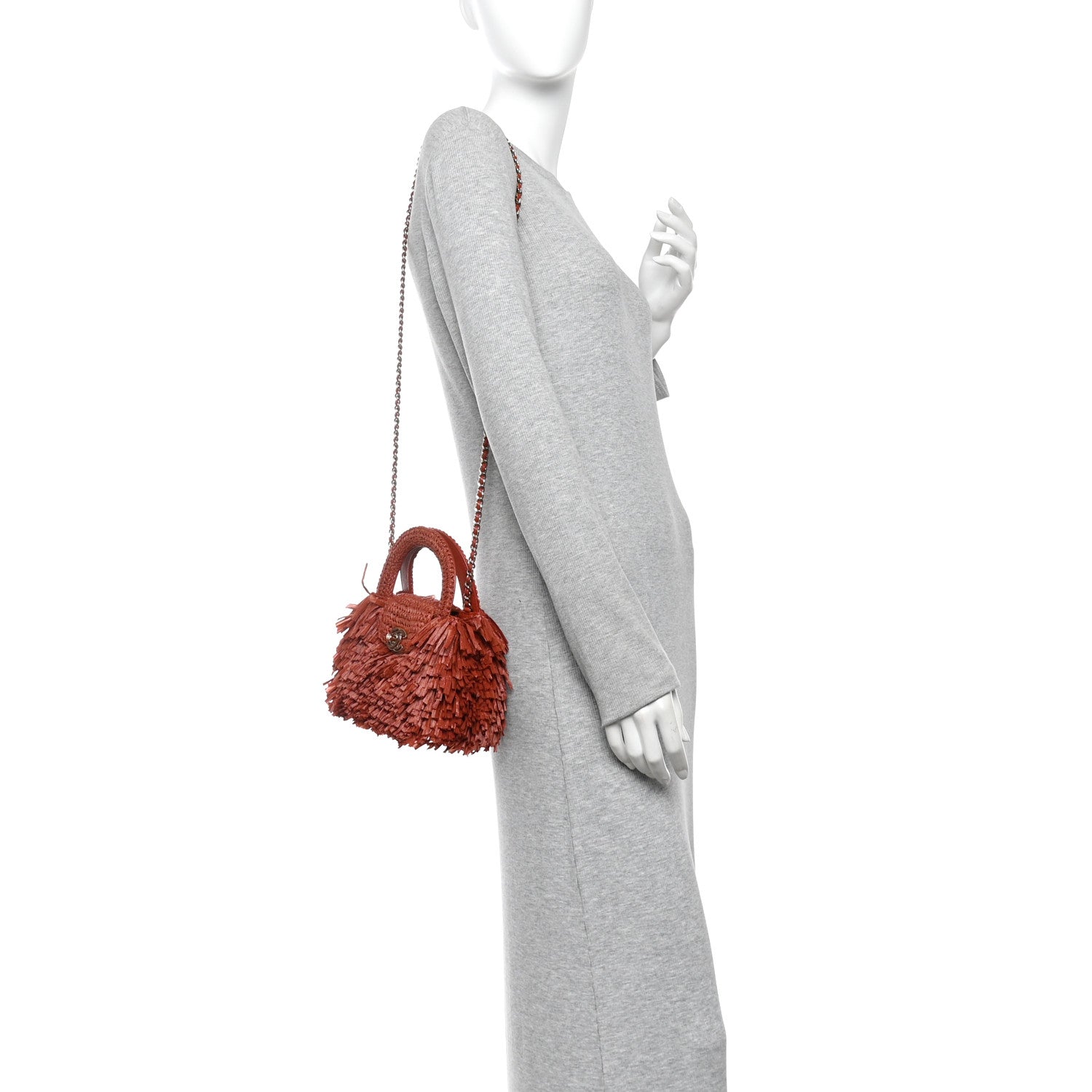 Raffia Fringe Nano Kelly Shopper Red — view 2