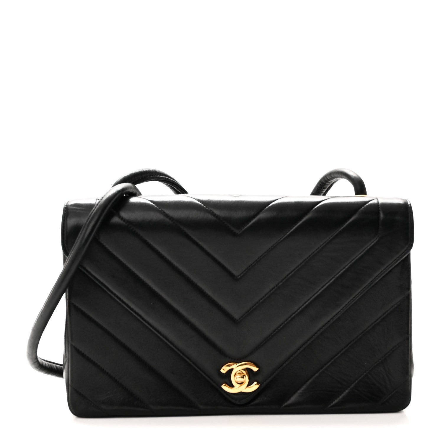Calfskin Chevron Quilted Envelope Flap Bag Black