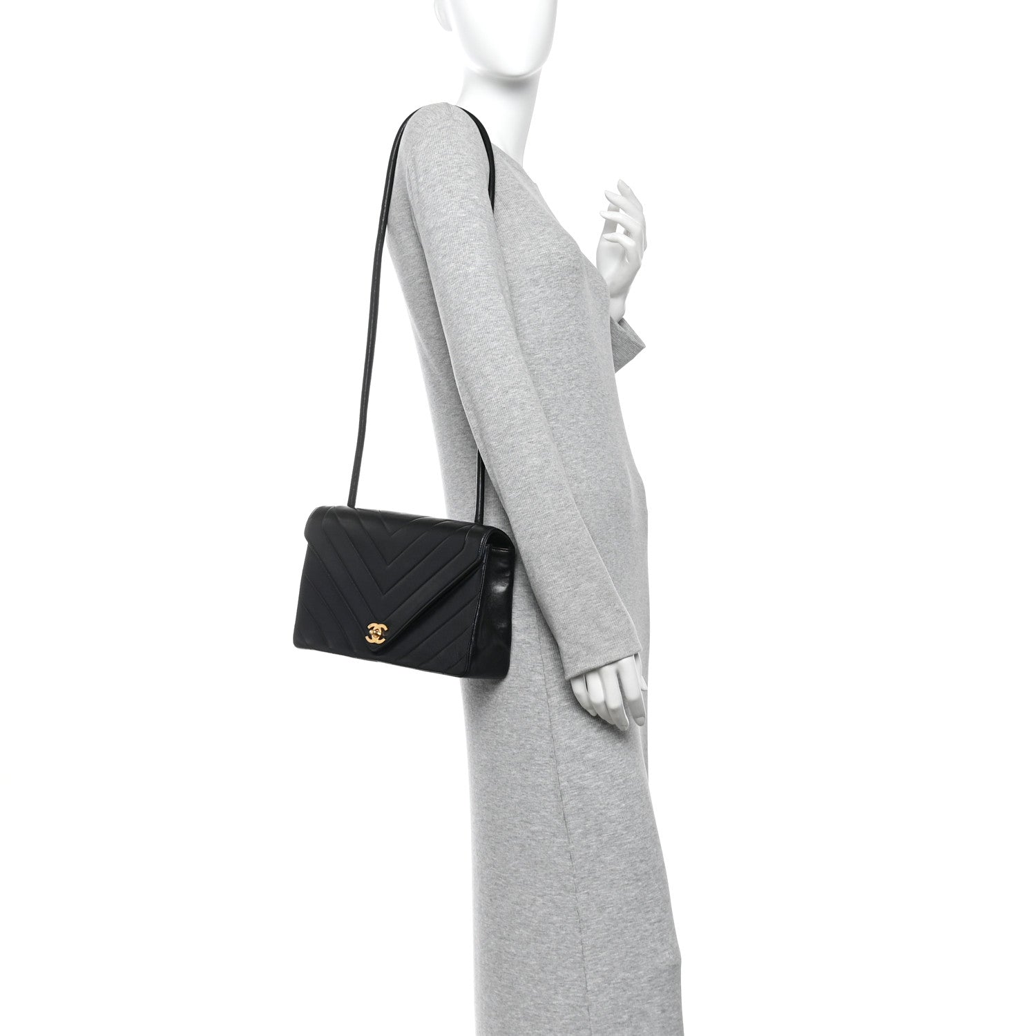 Calfskin Chevron Quilted Envelope Flap Bag Black — view 2