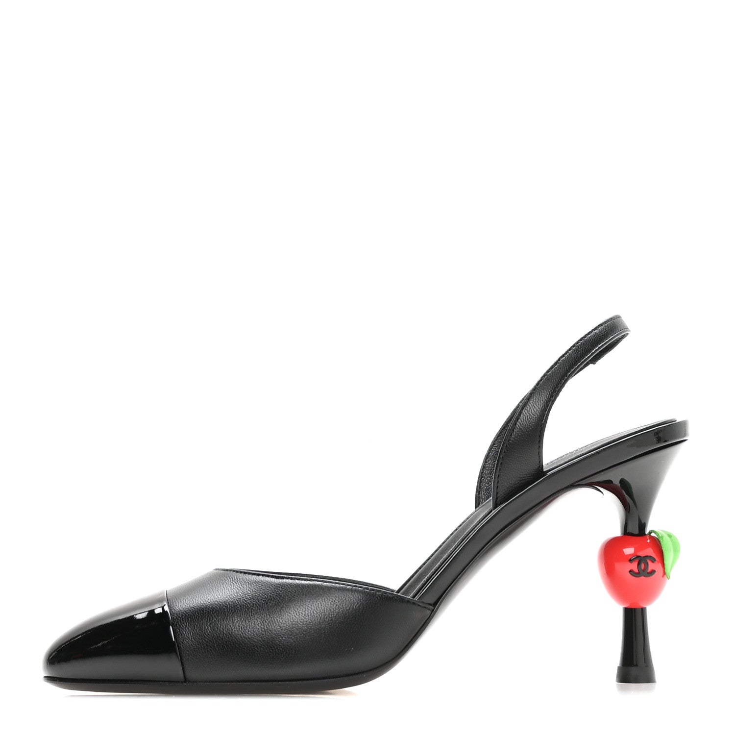 Lambskin Patent Calfskin Cap Toe CC Apple Slingback Pumps 37.5 Black