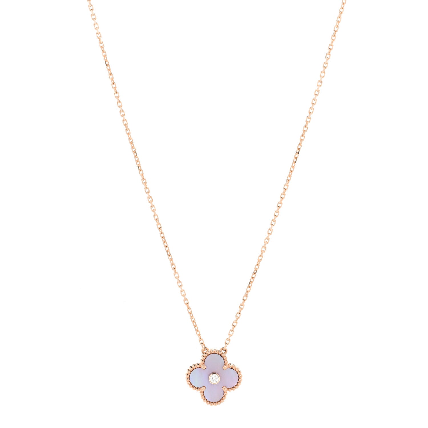 18K Rose Gold Diamond Pink Mother of Pearl Vintage Alhambra Pendant Necklace
