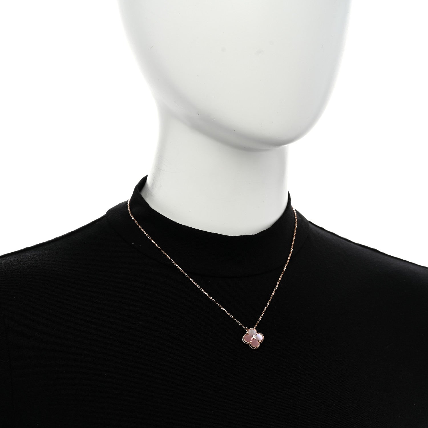 18K Rose Gold Diamond Pink Mother of Pearl Vintage Alhambra Pendant Necklace — view 2