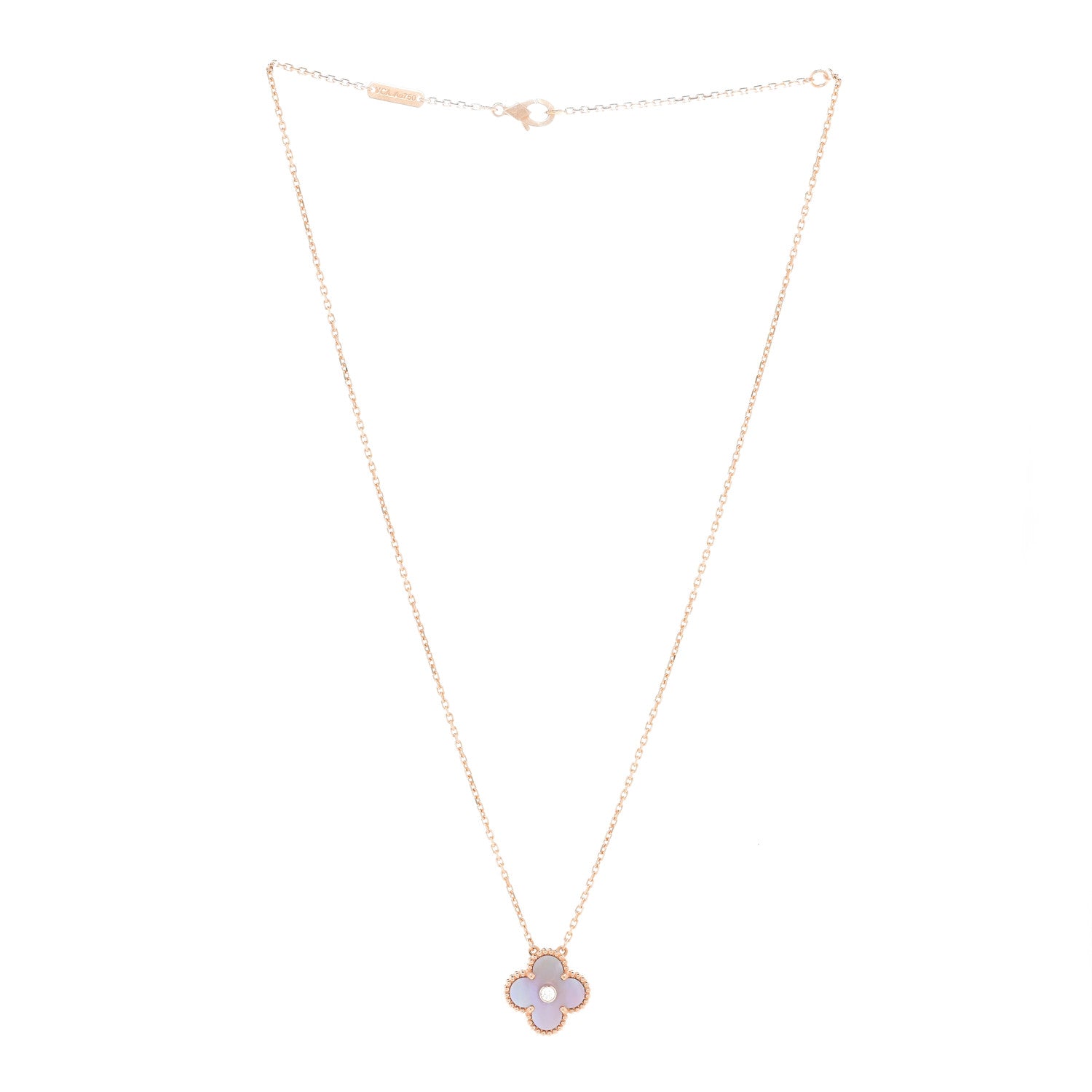 18K Rose Gold Diamond Pink Mother of Pearl Vintage Alhambra Pendant Necklace — view 3
