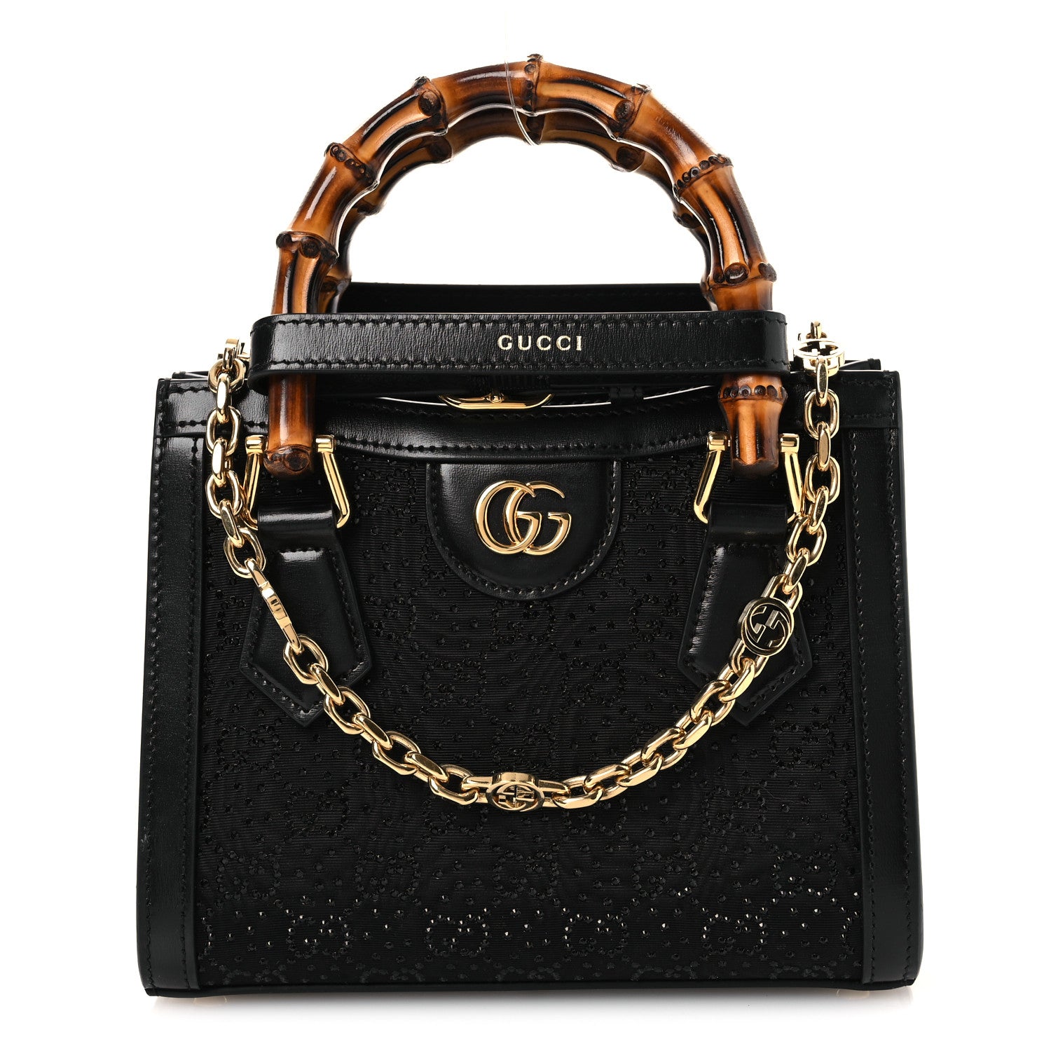 New Canvas Charisma Calfskin Crystal GG Monogram Mini Diana Tote Black