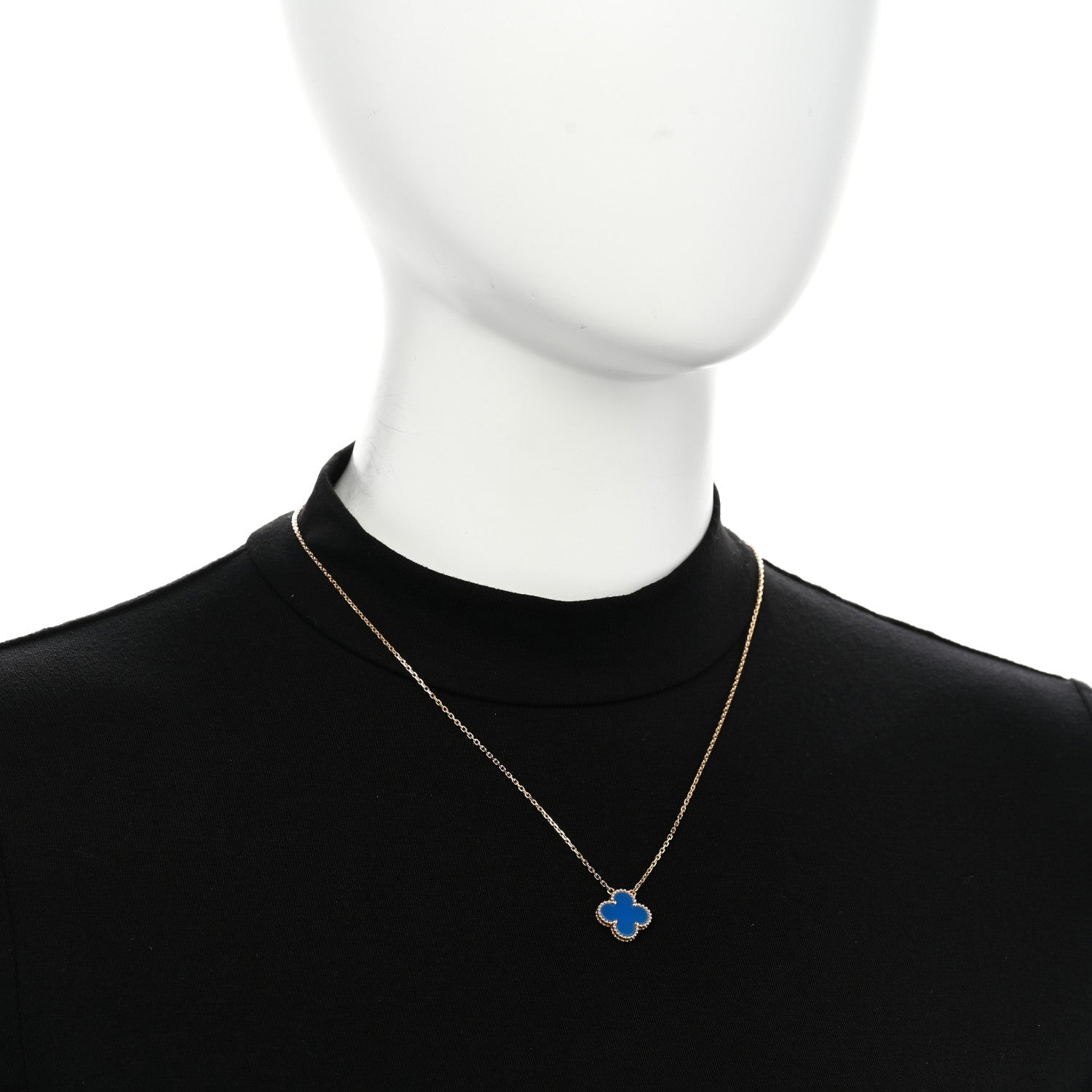 18K Yellow Gold Blue Agate Vintage Alhambra Pendant Necklace — view 2