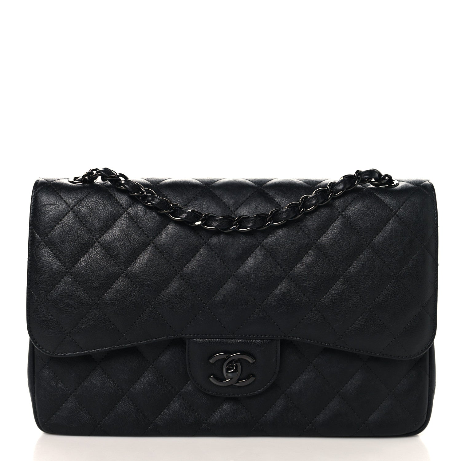 Crumpled Calfskin Quilted Jumbo Double Flap So Black