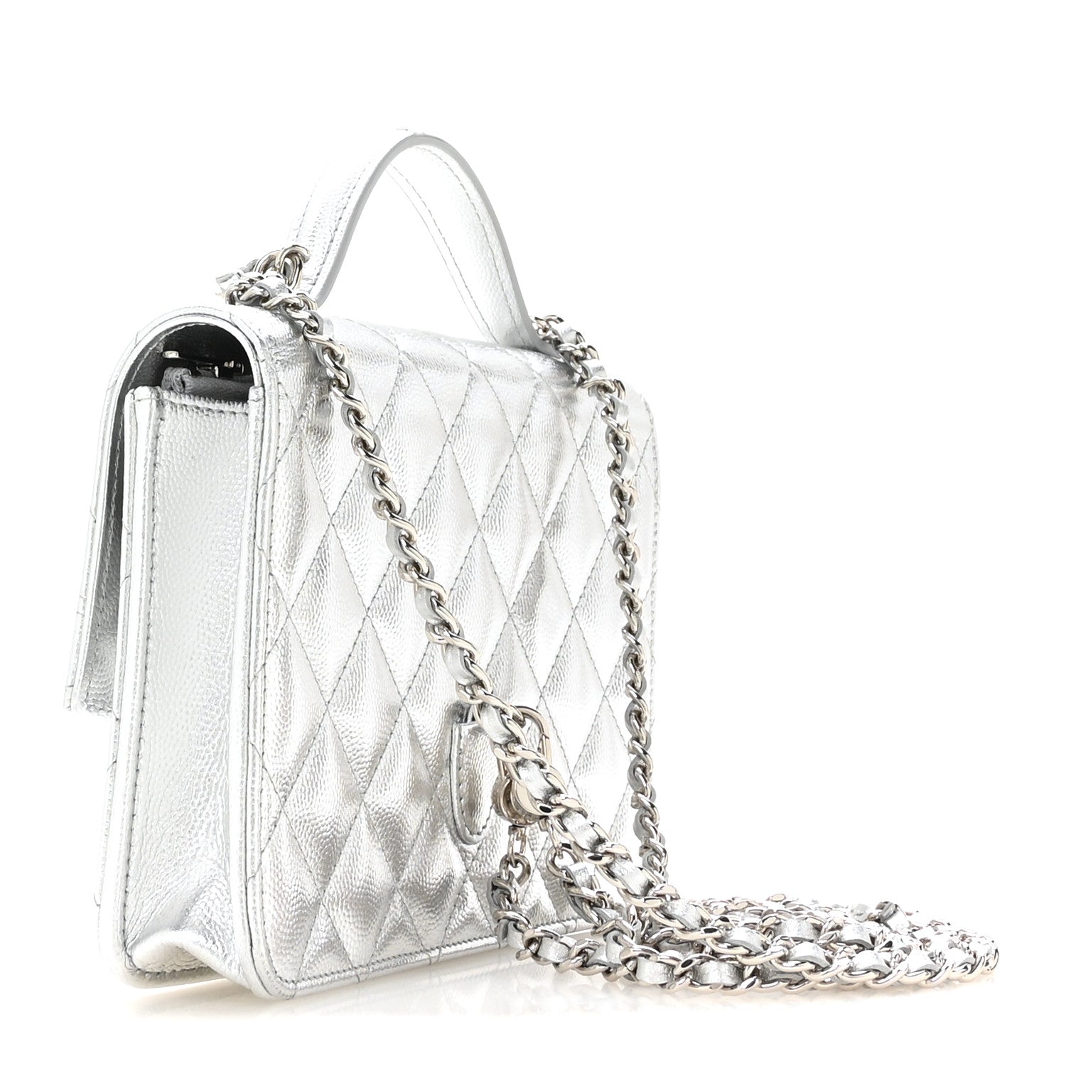 Metallic Caviar Quilted Top Handle Wallet on Chain WOC Silver — view 3