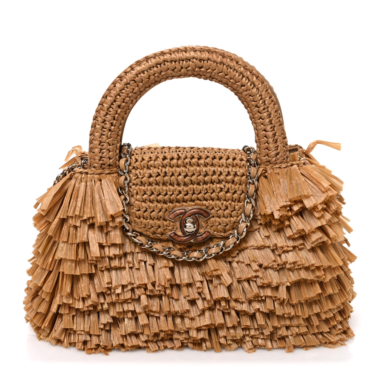 Raffia Fringe Nano Kelly Shopper Dark Beige