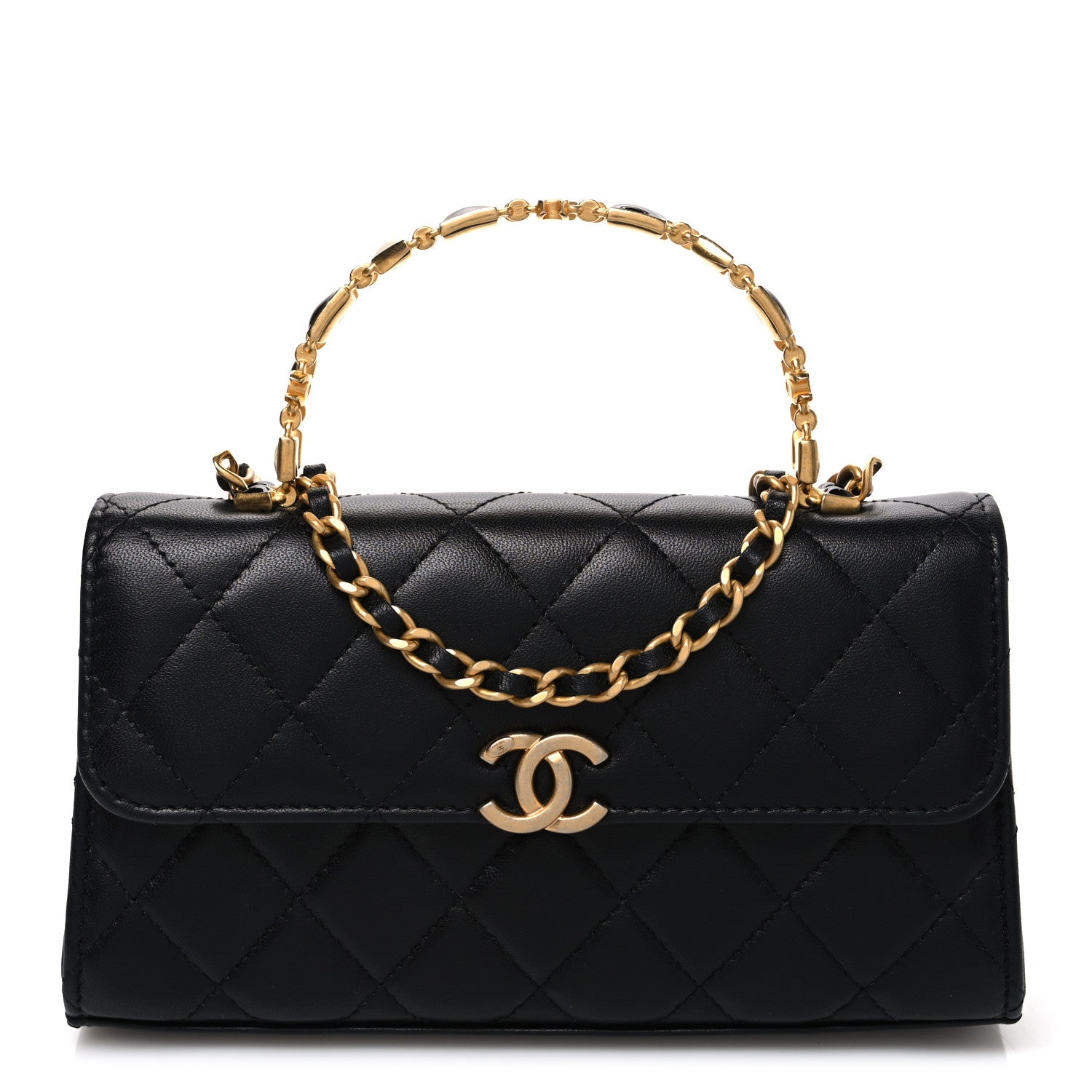 Lambskin Enamel Quilted Top Handle Flap Phone Holder With Chain Black