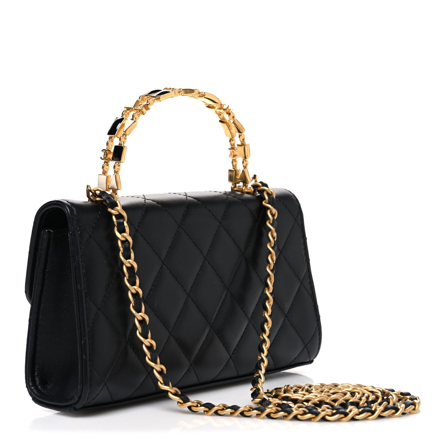 Lambskin Enamel Quilted Top Handle Flap Phone Holder With Chain Black — view 3